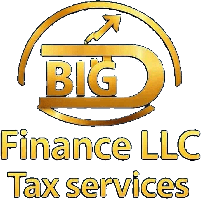 big_finance_logo_transparent_clean Gold logo with the words "BIG D Finance LLC Tax services" and an upward arrow incorporated into the design.